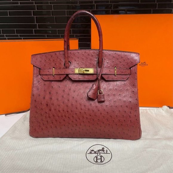 HERMES Vintage 2000 Birkin 35 Ostrich Leather Burgundy Tote GHW - Picture 2 of 12